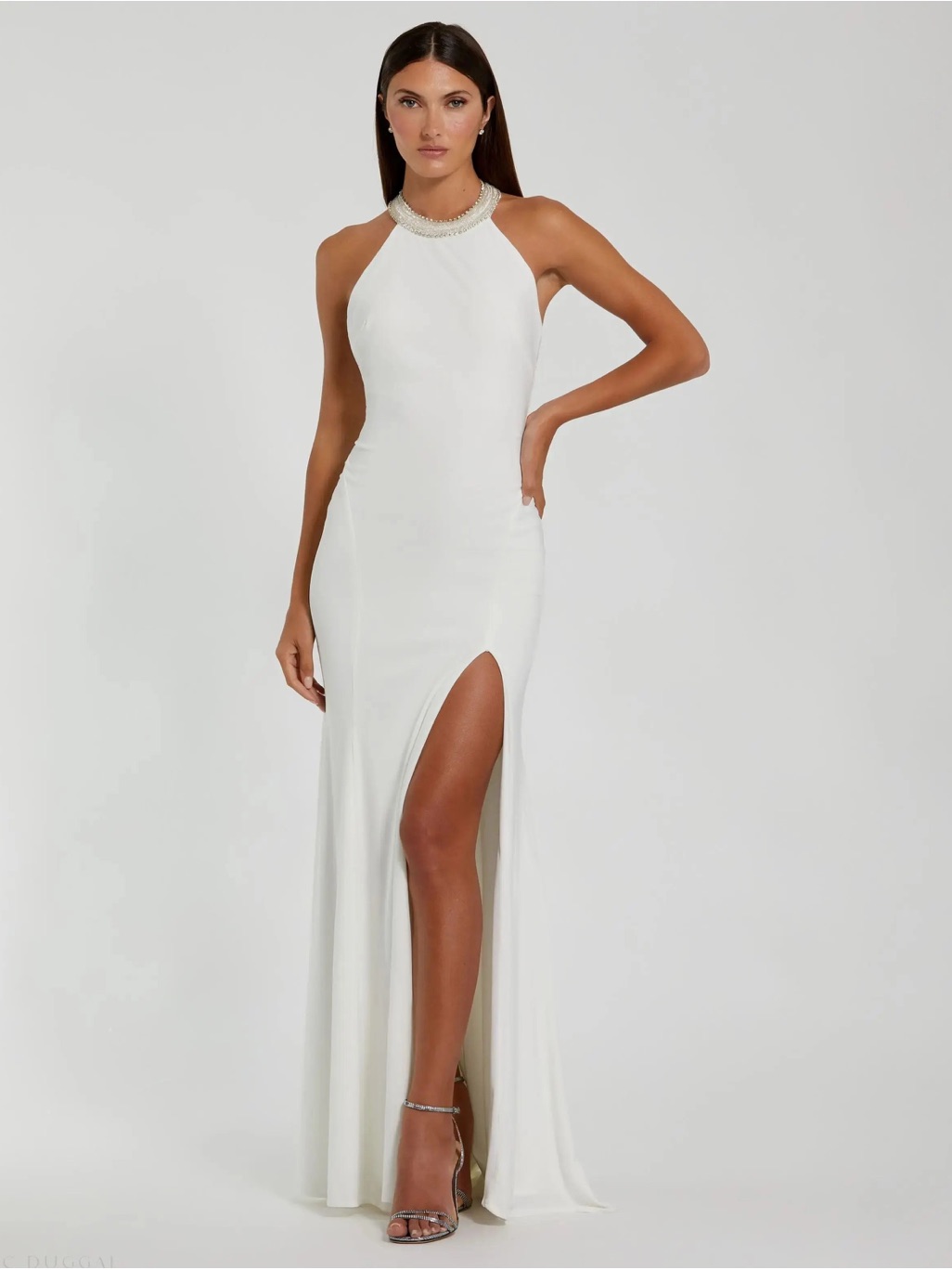 Mac Duggal White Halter Maxi Gown With Jewel Neckline And High Slit